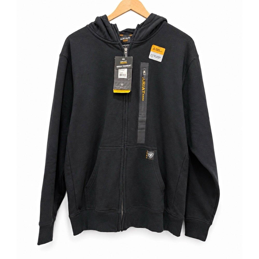 Ariat Rebar Men's Black Full Zip Fleece Hoodie w/ Hood & Pockets Size 2XL